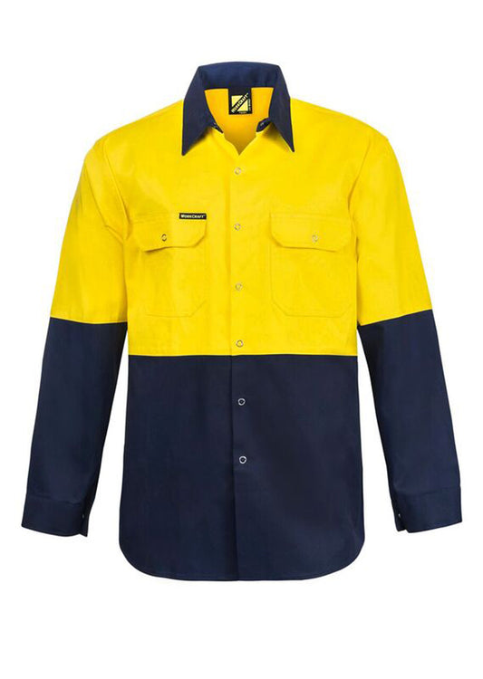 Workcraft WS3032 Hi Vis Long Sleeve Cotton Drill Industrial Laundry Shirt With Press Studs in Yellow/Navy