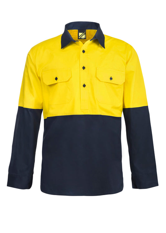 Workcraft WS4256 Mens Hi Vis Closed Front Cotton Drill Shirt With Semi Gusset Sleeves in Yellow/Navy