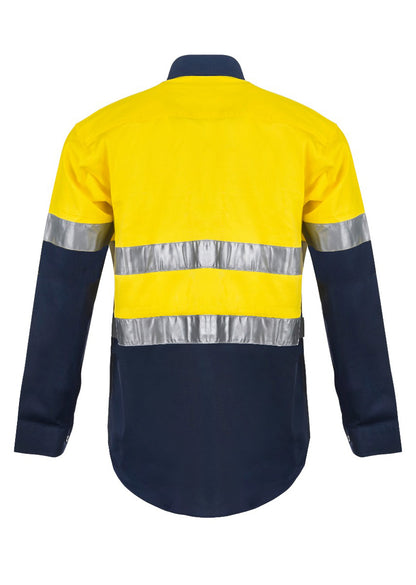 Workcraft WS4000 Mens Hi Vis Long Sleeve Cotton Drill Reflective Shirt in Yellow/Navy