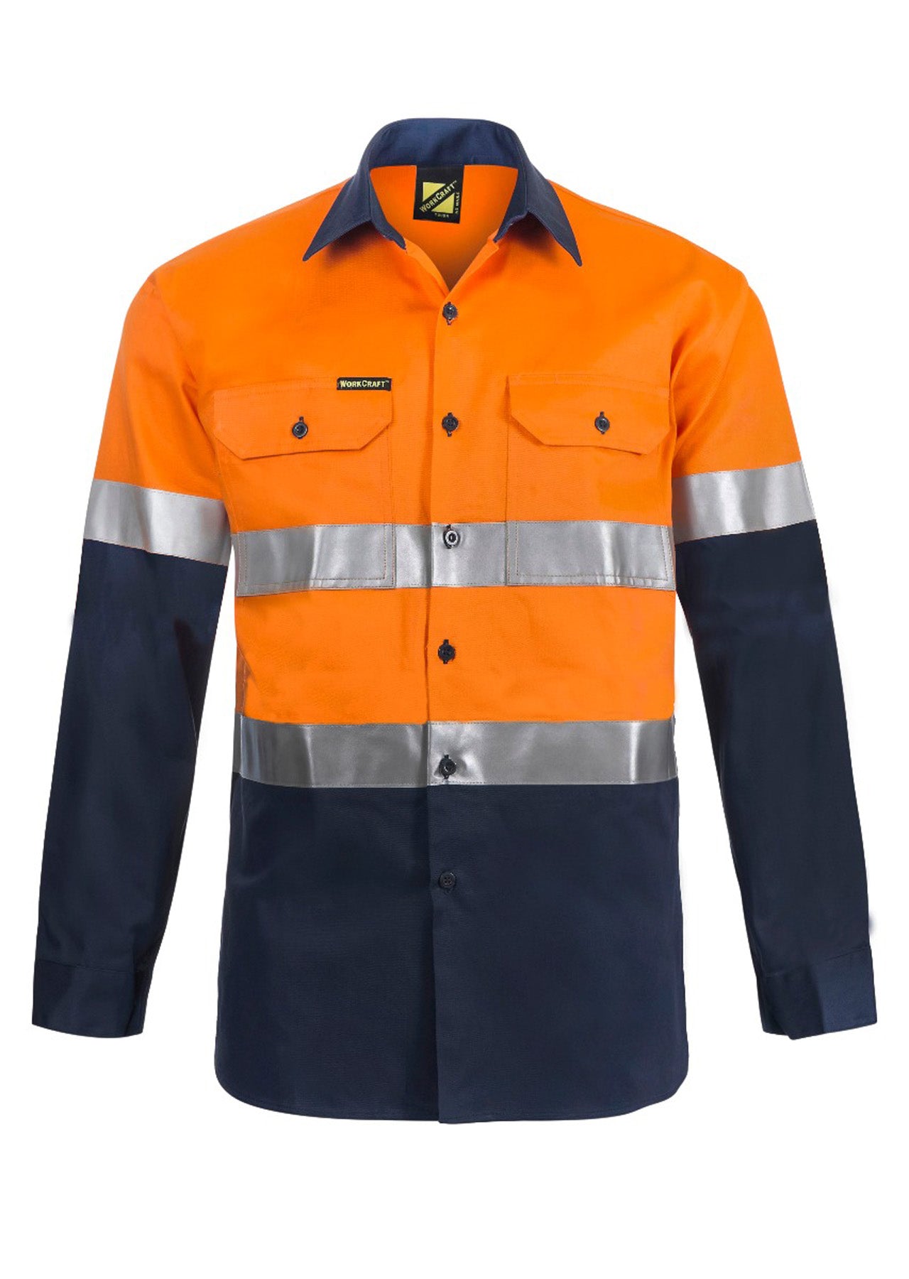 Workcraft WS4000 Mens Hi Vis Long Sleeve Cotton Drill Reflective Shirt in Orange/Navy