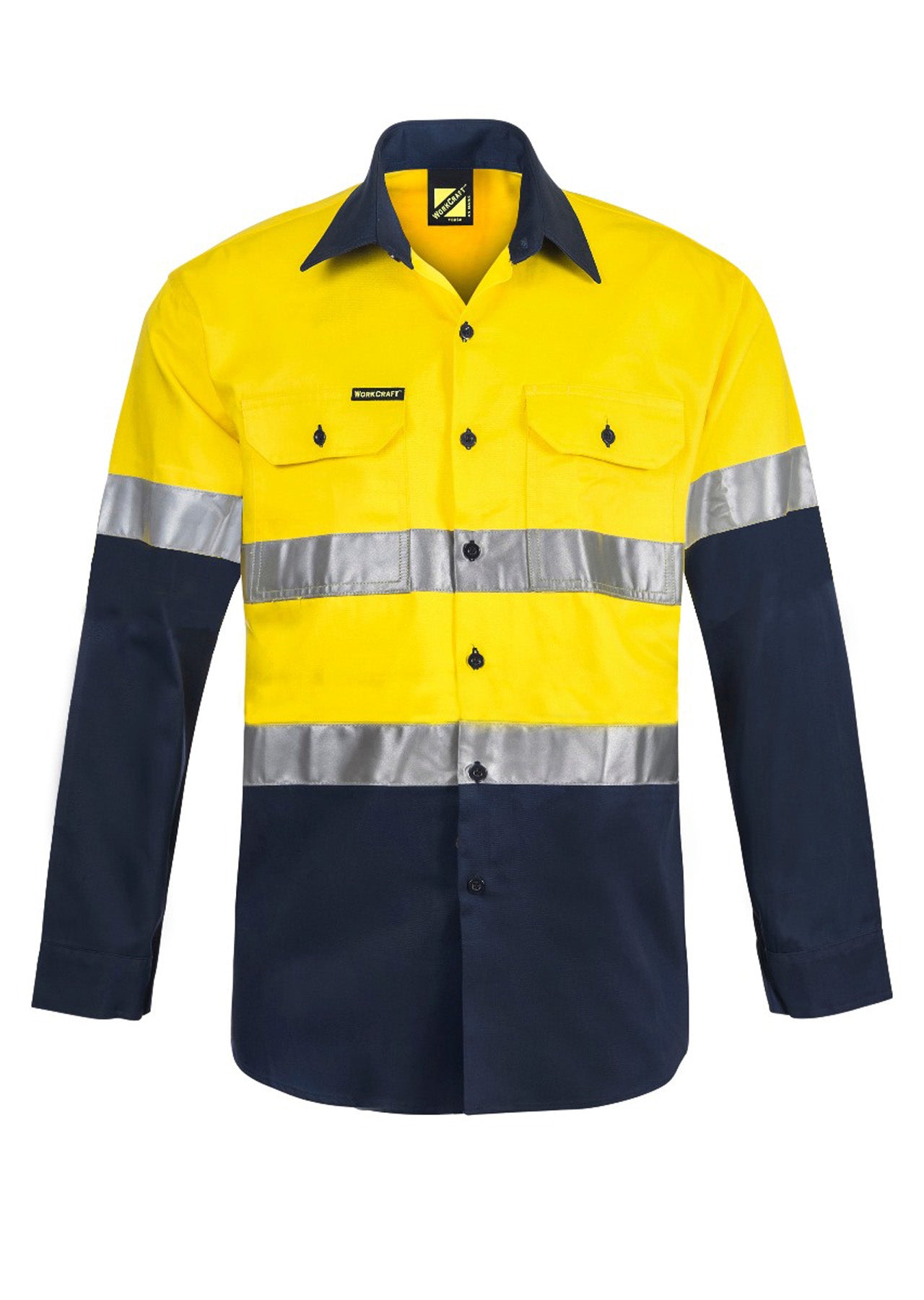 Workcraft WS6030 Light Weight Hi Vis Long Sleeves Vented Cotton Drill Reflective Shirt in Yellow/Navy
