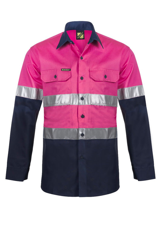 Workcraft WS4132 Lightweight Long Sleeve Vented Cotton Drill Reflective Shirt – Night Use Only in Pink/Navy