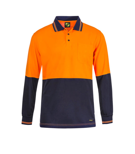Workcraft WSP402 Hi Vis Long Sleeve Cotton Back Polo With Pocket in Orange/Navy