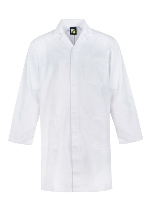 Workcraft WJ057 Long Sleeve Dustcoat With Patch Pockets in Mid Blue, White