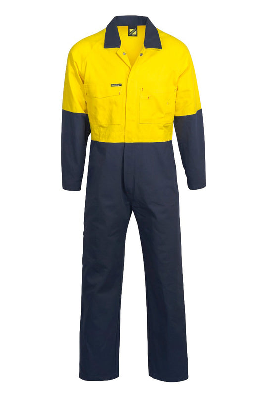 Workcraft WC3051L Mens Hi Vis Cotton Drill Coveralls Long in Yellow/Navy