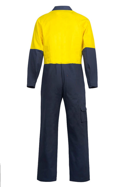 Workcraft WC3051L Mens Hi Vis Cotton Drill Coveralls Long in Yellow/Navy