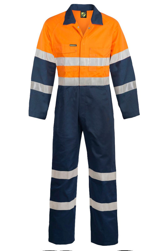 Workcraft WC3056 Mens Hi Vis Cotton Drill Reflective Industrial Laundry Coveralls in Orange/Navy