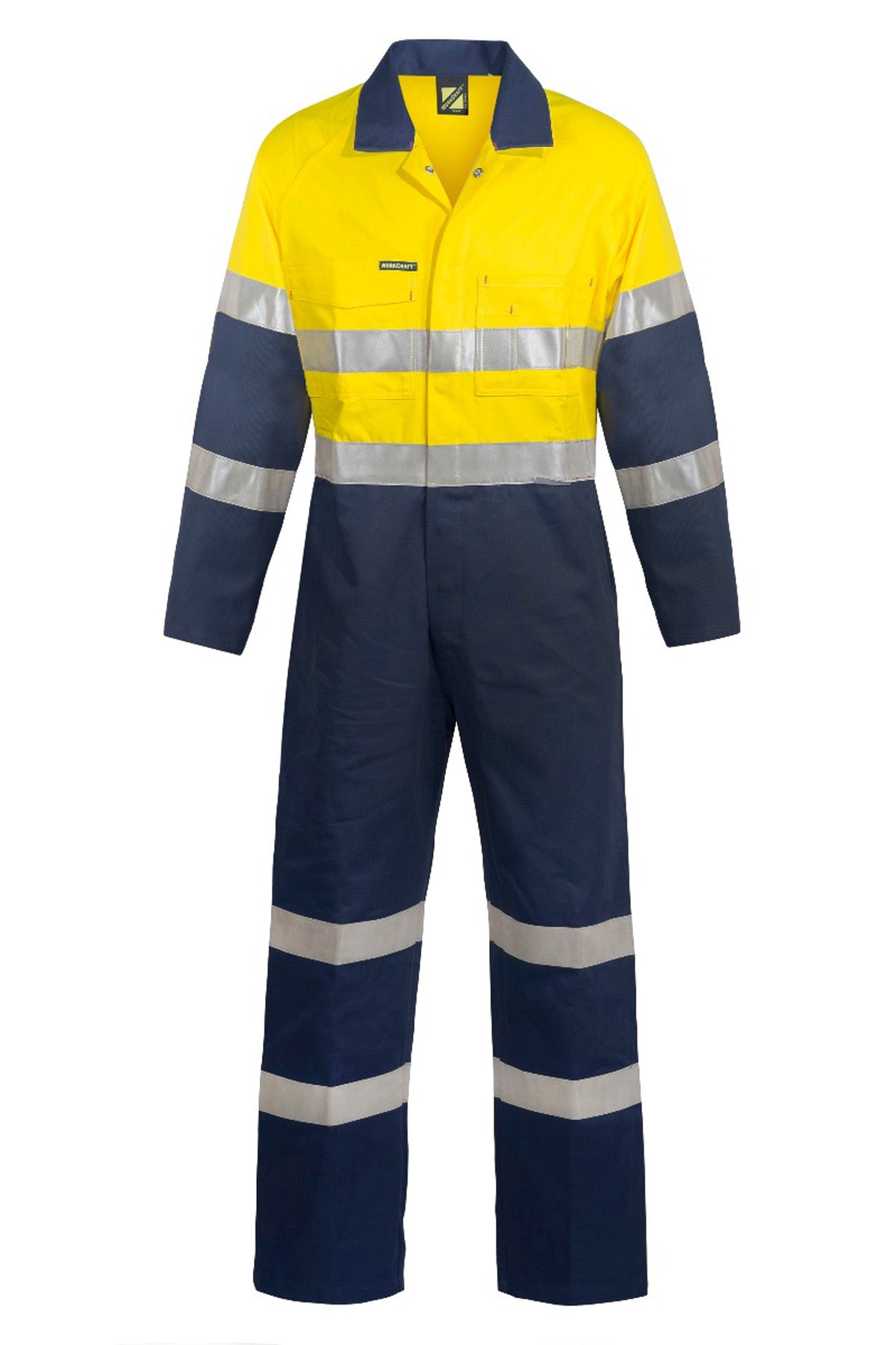 Workcraft WC3056 Mens Hi Vis Cotton Drill Reflective Industrial Laundry Coveralls in Yellow/Navy