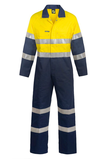 Workcraft WC3056L Mens Hi Vis Cotton Drill Reflective Industrial Laundry Coveralls Long in Orange/Navy, Yellow/Navy