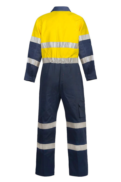 Workcraft WC3056L Mens Hi Vis Cotton Drill Reflective Industrial Laundry Coveralls Long in Orange/Navy, Yellow/Navy