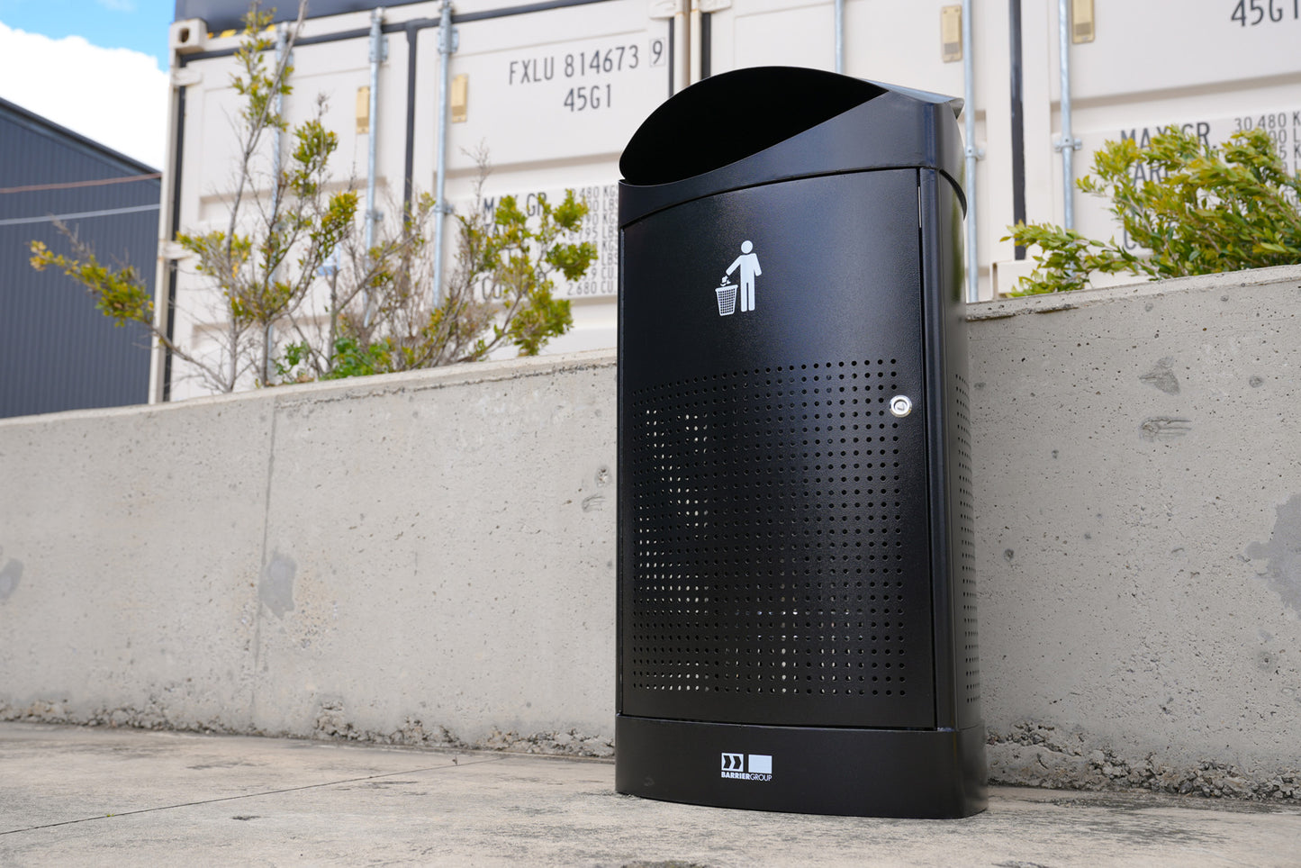 Outdoor Waste Bin - Rain Top 55lt - Powder Coated Black with Timber Slats
