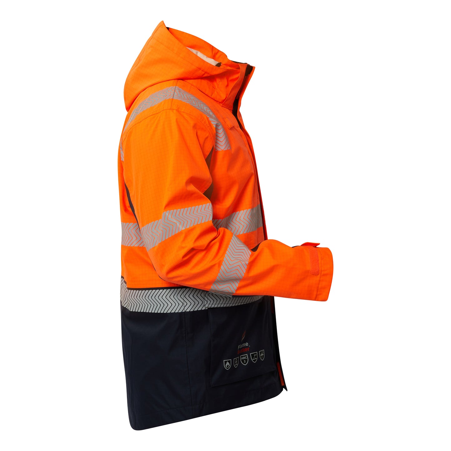 Flamebuster FJV033 Mens FR Hi Vis Wet Weather Segmented Reflective Jacket in Orange/Navy