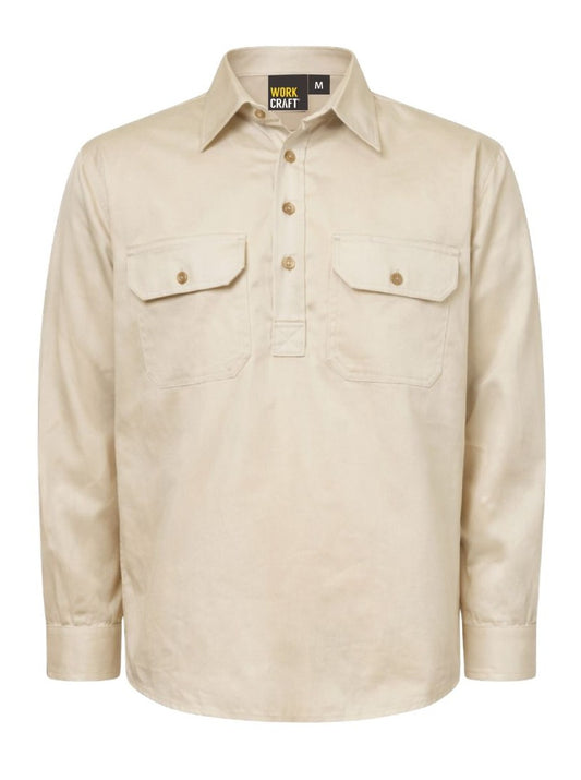 Workcraft WS3029 Mens Lightweight Long Sleeve Closed Front Cotton Drill Shirt in Cream