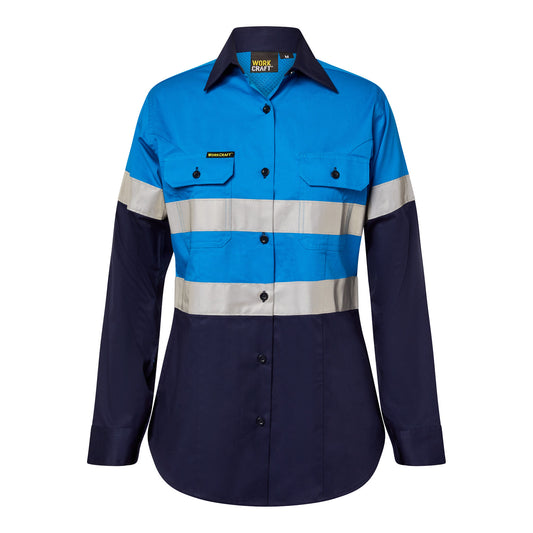 Workcraft WSL503 Ladies Lightweight Hi Vis Long Sleeve Vented Reflective Cotton Drill Shirt – Night Use Only in Electric Blue/Navy