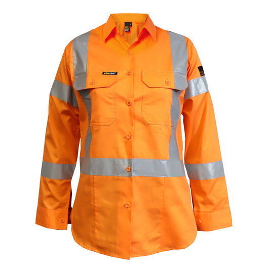 Workcraft WSL509 Ladies Lightweight Hi Vis Long Sleeve Vented Reflective Shirt With X Pattern-NSW Rail Compliant in Safety Orange