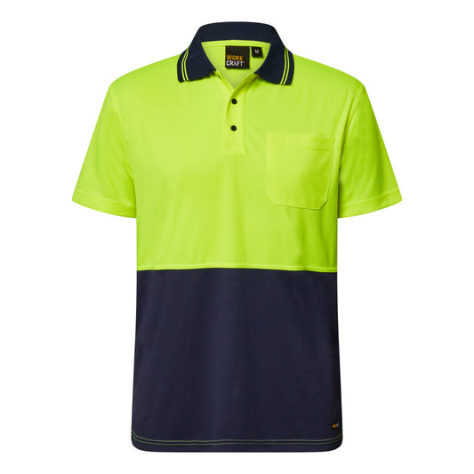 Workcraft WSP208 Hi Vis Lightweight Short Sleeve Micromesh Polo With Pocket in Yellow/Navy
