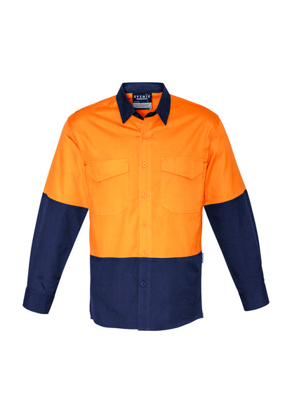 Syzmik Men's Rugged Cooling Hi Vis Long Sleeve Shirt - Orange/Navy