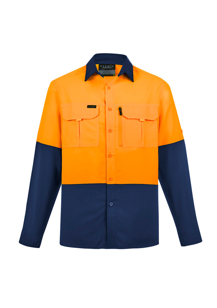 Syzmik Men's Hi Vis Outdoor Long Sleeve Shirt - Orange/Navy