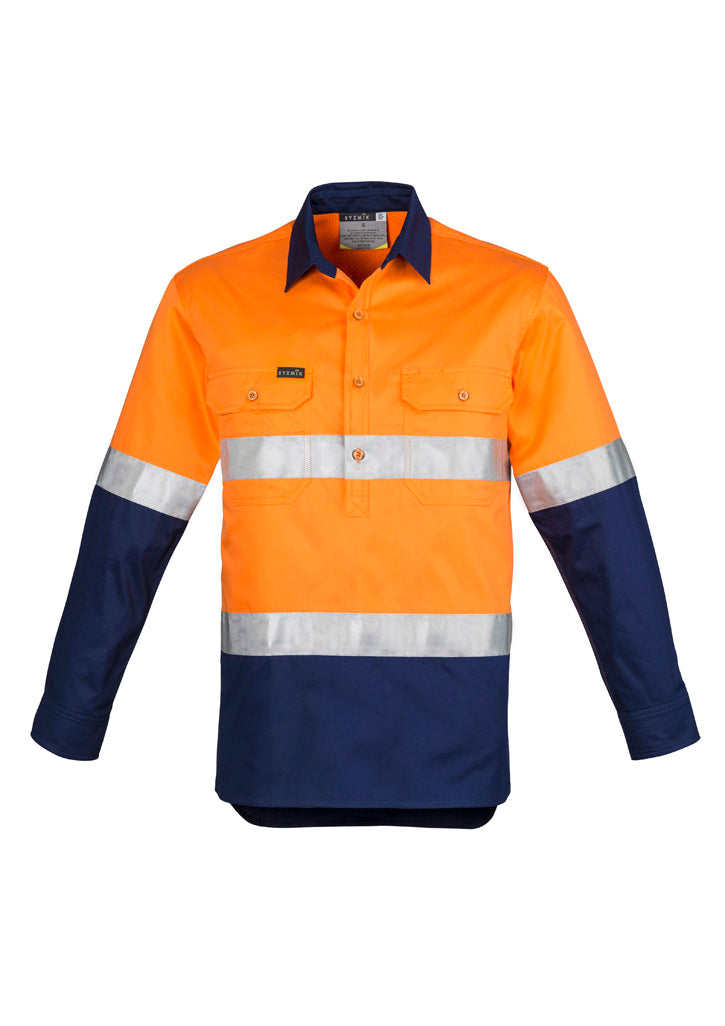 Syzmik Men's Closed Front Long Sleeve Shirt - Hoop Taped - Orange/Navy
