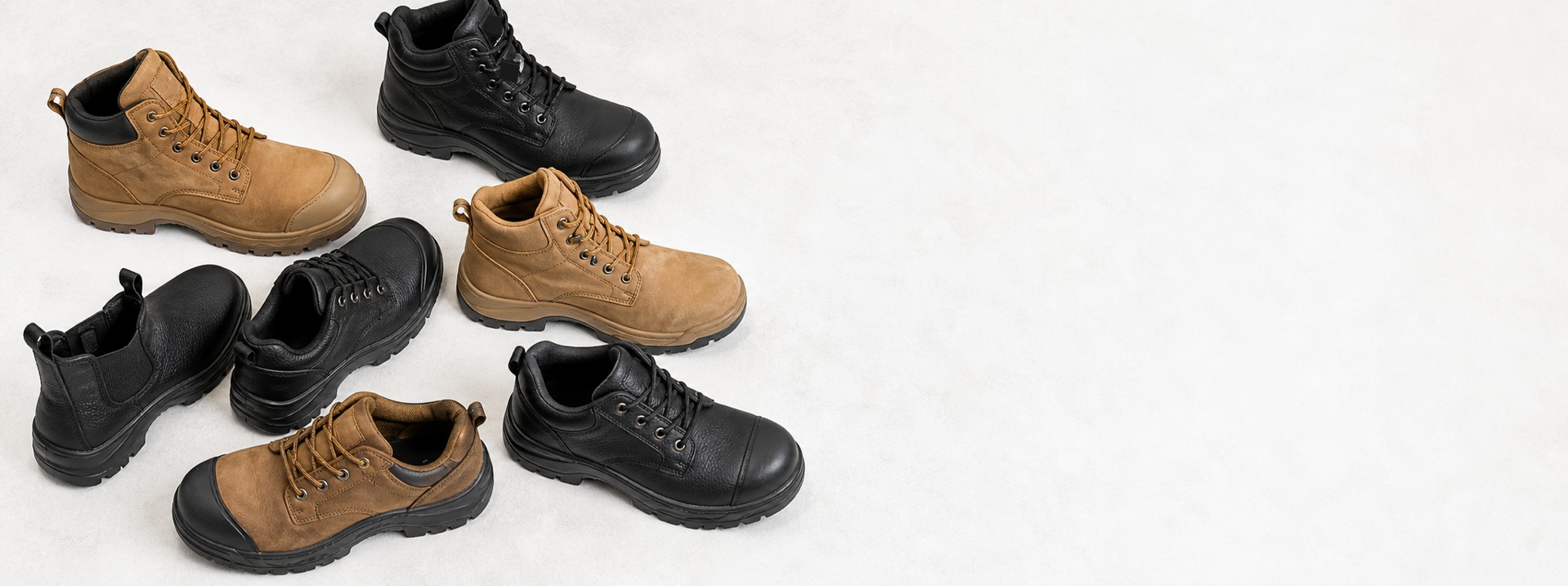 Khaki and black safety boots and work shoes