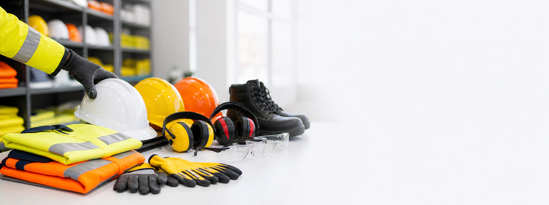PPE supply room with hard hats, hi-vis and safety gear