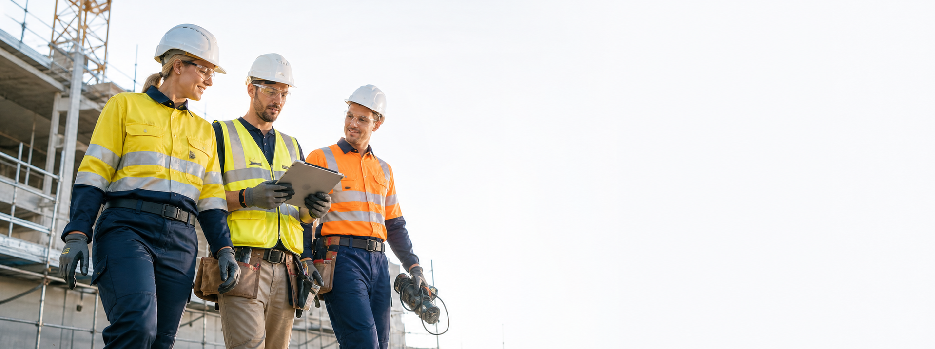 Construction workers on site wearing hi-vis workwear and hard hats