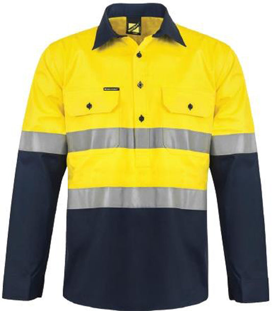 Workcraft WS6033 Mens Hi Vis Closed Front Cotton Drill Reflective Shirt With Semi Gusset Sleeves in Yellow/Navy