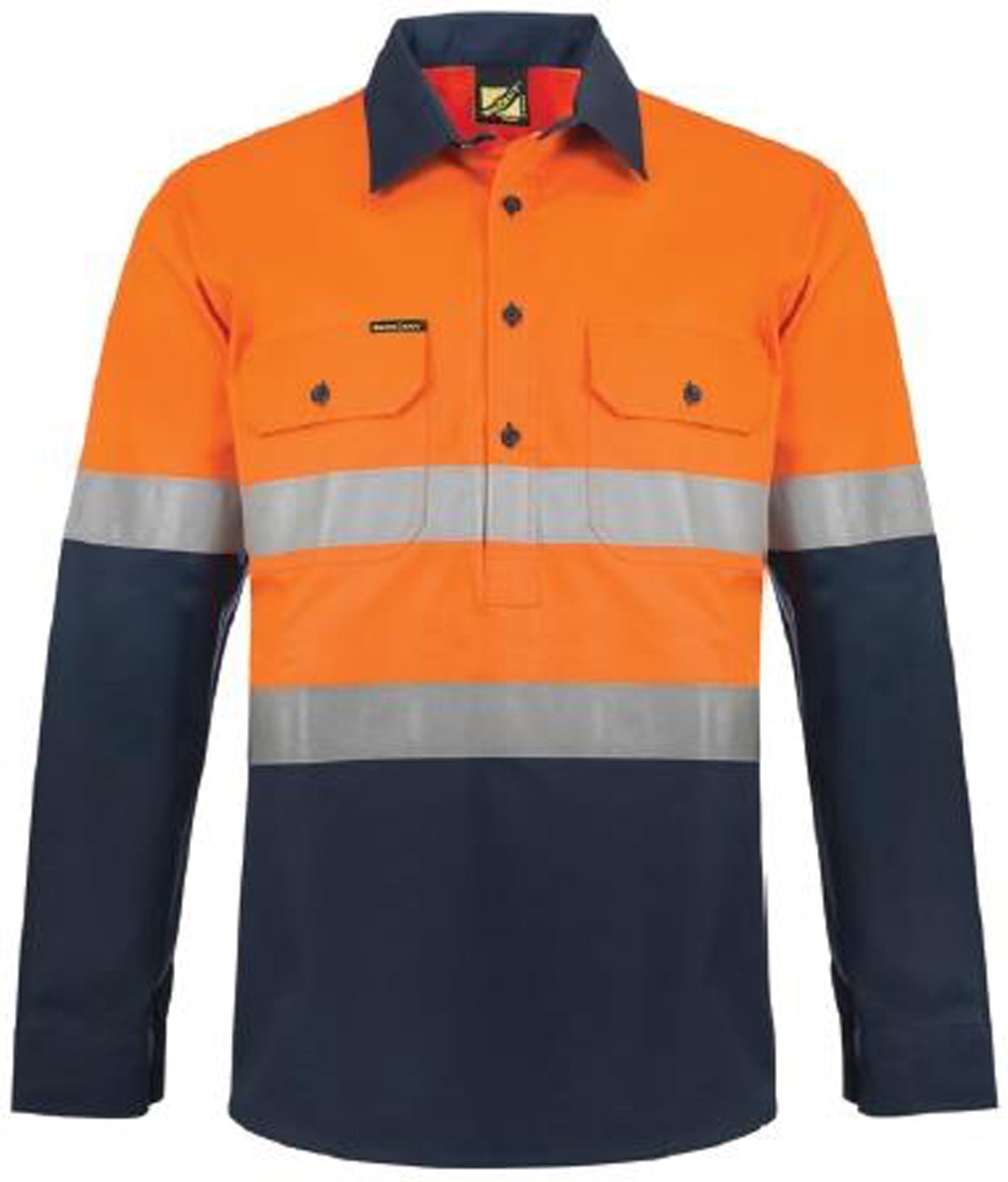 Workcraft WS6033 Mens Hi Vis Closed Front Cotton Drill Reflective Shirt With Semi Gusset Sleeves in Orange/Navy
