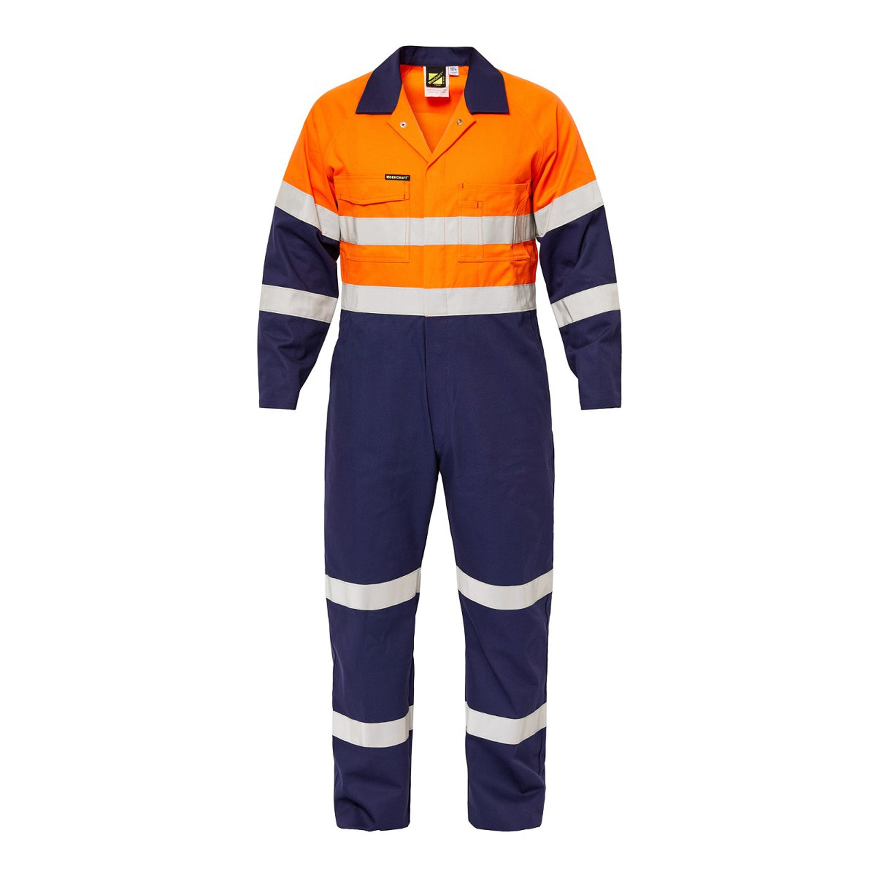 Workcraft WC3063L Mens Hi Vis Two Tone Cotton Drill Coveralls With Industrial Laundry Reflective Tape in Orange/Navy