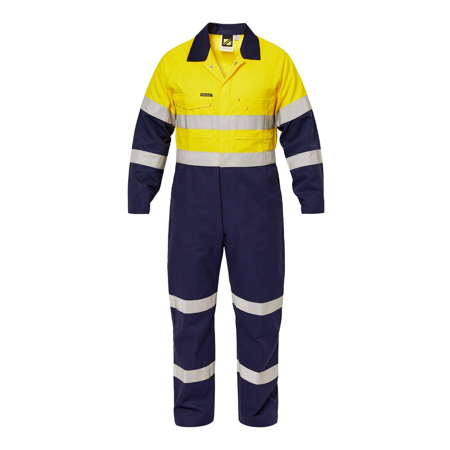 Workcraft WC3063L Mens Hi Vis Two Tone Cotton Drill Coveralls With Industrial Laundry Reflective Tape in Yellow/Navy