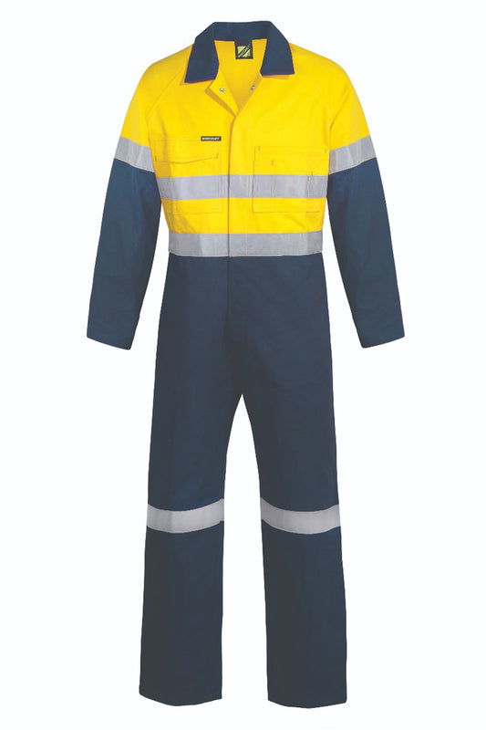 Workcraft WC6093 Mens Hi Vis Cotton Drill Reflective Coveralls in Yellow/Navy