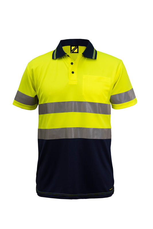 Workcraft WSP410 Hi Vis Short Sleeve Micromesh Reflective Polo With Pocket in Yellow/Navy